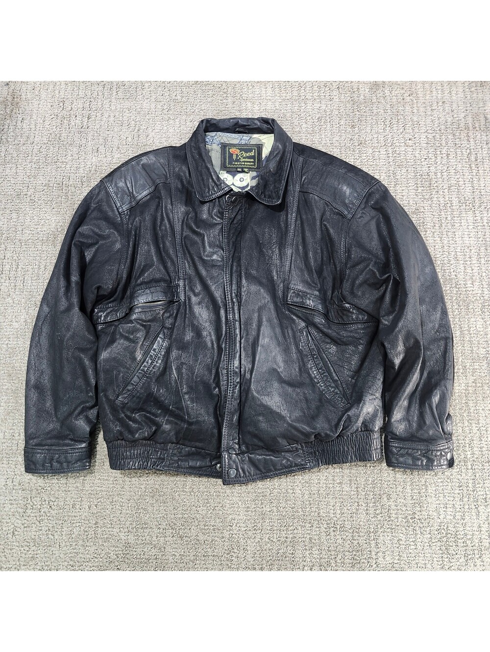 Vintage Reed Sportswear Black Leather Bomber Jacket Size 50 US Large
